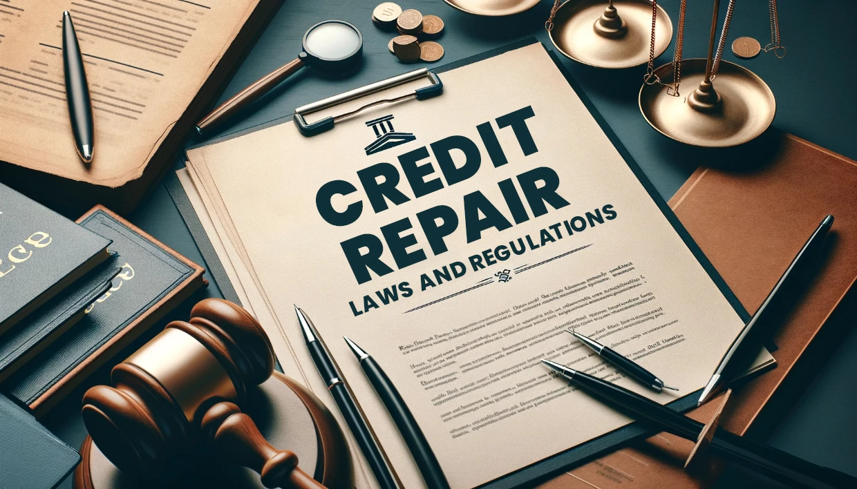 Desk with legal items, including a gavel and scales, surrounds a document titled Credit Repair Laws and Regulations.