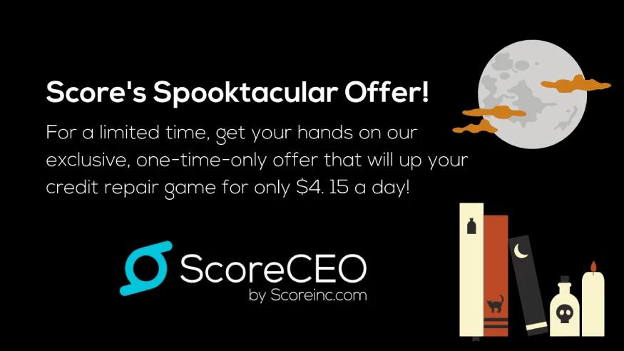 Halloween-themed promotion for ScoreCEO offering credit repair for $4.15/day with spooky elements like a moon and bats.