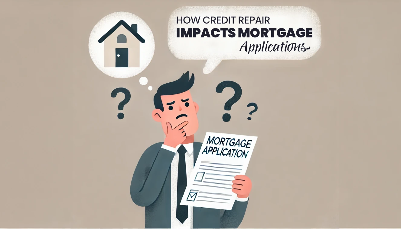 Man holding a mortgage application with question marks around him and a speech bubble about credit repair and mortgage applications.