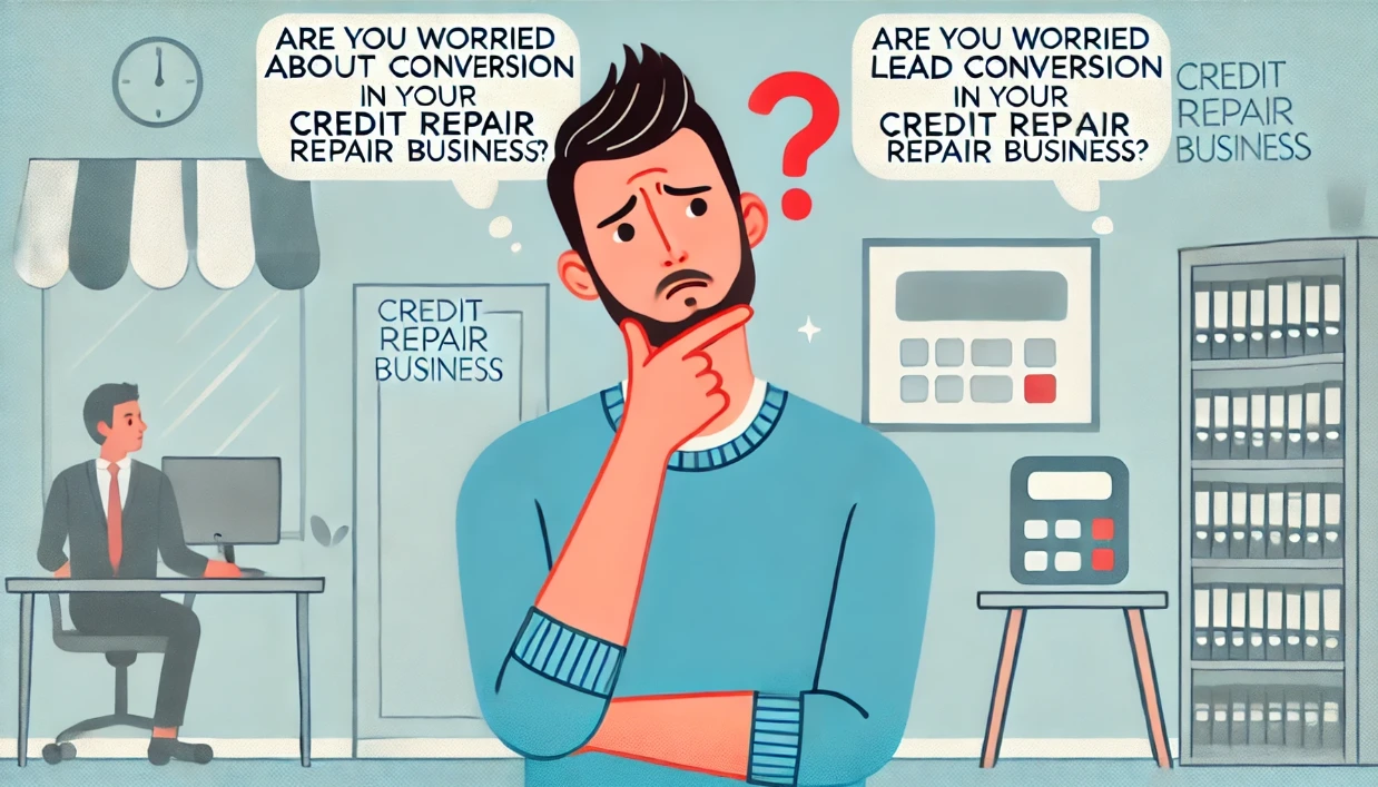 Man with a question mark above his head, with speech bubbles asking about conversion in a credit repair business.