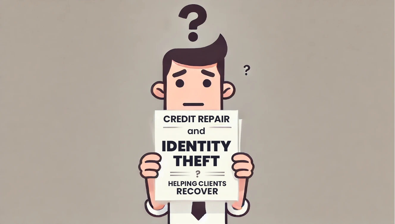 Worried man holds a sign reading, "CREDIT REPAIR and IDENTITY THEFT - HELPING CLIENTS RECOVER," with a question mark above his head.