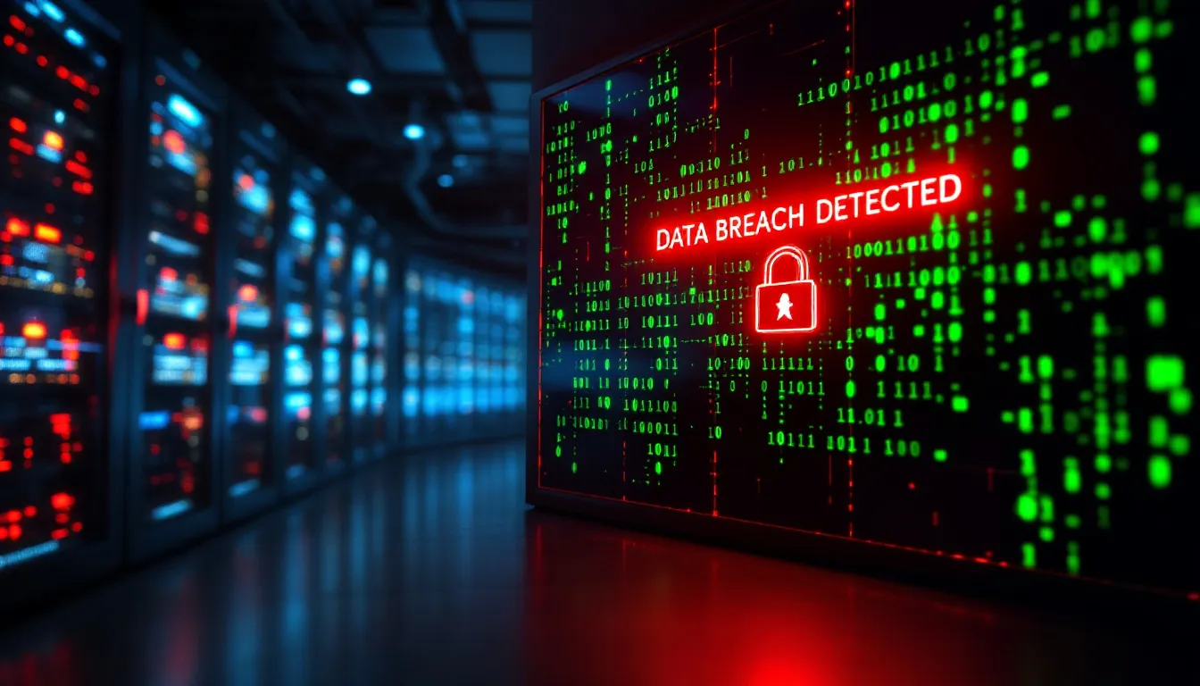 An abstract representation of a data breach, featuring a fragmented digital shield symbolizing compromised security, with scattered icons of personal information like social security numbers and credit reports, highlighting the risks of identity theft and the need for credit monitoring services.