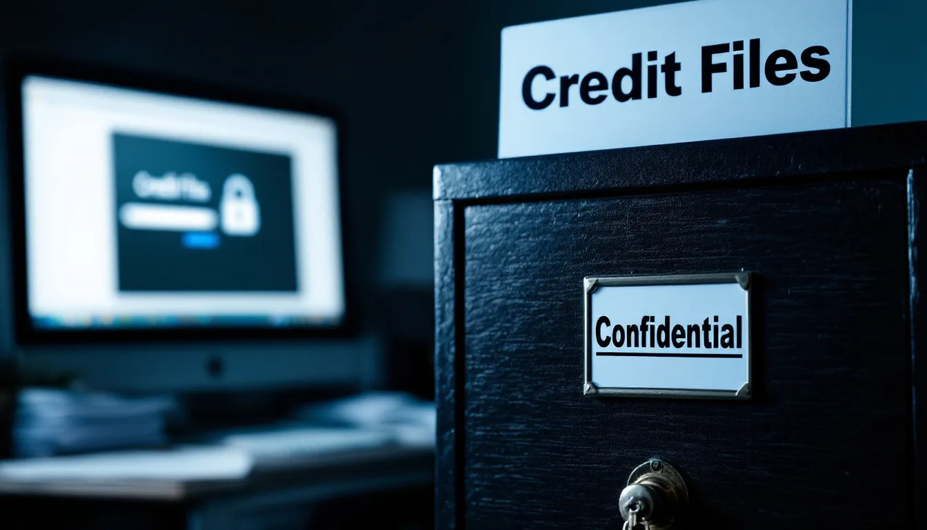 The image depicts a secure lock symbol overlaid on a digital credit report, representing the importance of protecting credit files and safeguarding sensitive information from identity theft and data breaches. Additionally, elements like two-factor authentication and credit monitoring services are illustrated, emphasizing the need for consumers to protect their personal information from identity thieves.