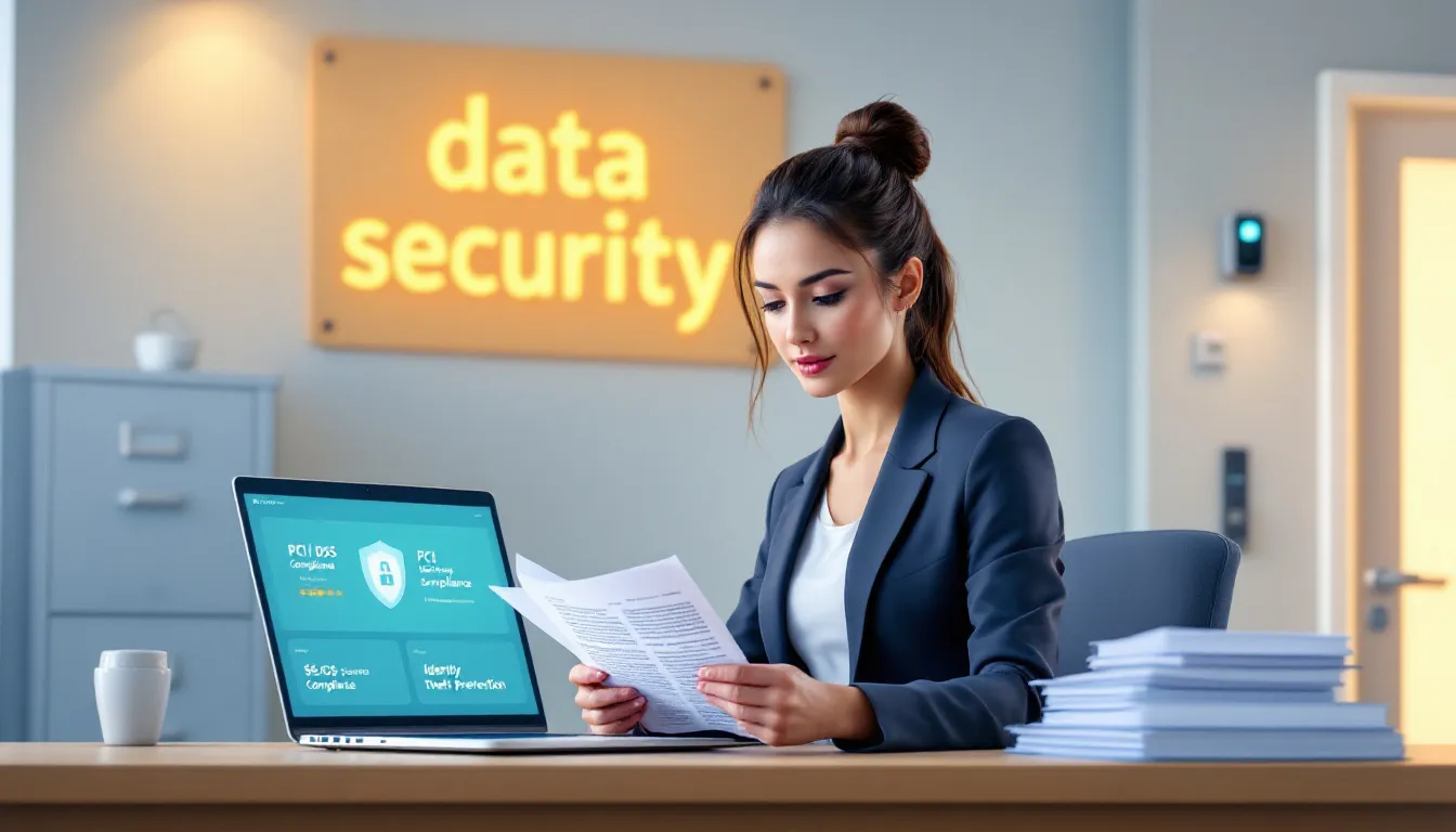 An image illustrating PCI DSS compliance and identity theft prevention for credit repair businesses features a shield symbolizing security, surrounded by various icons representing credit reports, data breaches, and identity theft protection services. The visual emphasizes the importance of safeguarding consumer data and preventing identity fraud through measures like two-factor authentication and credit monitoring services.